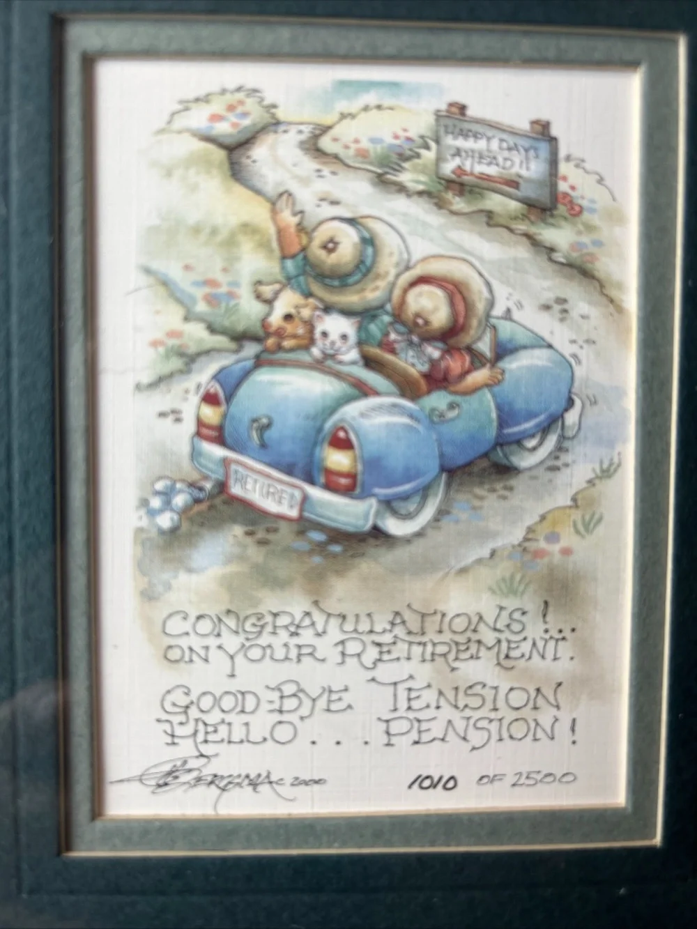 Vtg Jody Bergsma Lithograph Congratulations on your Retirement Frame Whimsy COA